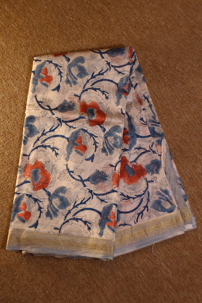 Maheshwari Silk Saree - White with Blue Floral
