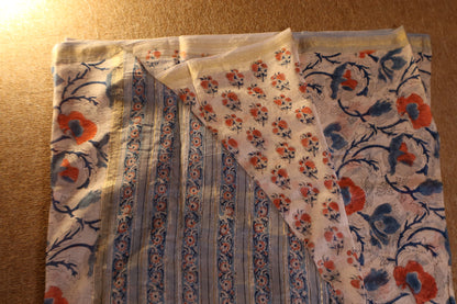 Maheshwari Silk Saree - White with Blue Floral