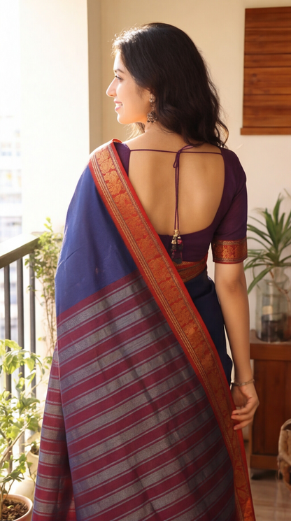 Narayanpet - Blue with Red Long Border saree - NPEQ001