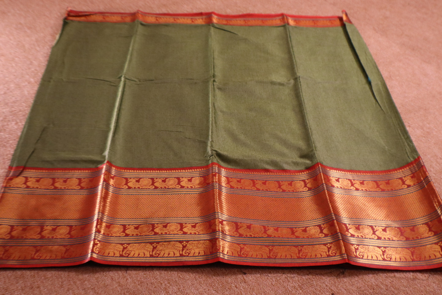 Narayanpet - Olive Green with Red Long Border Saree - NPEQ005
