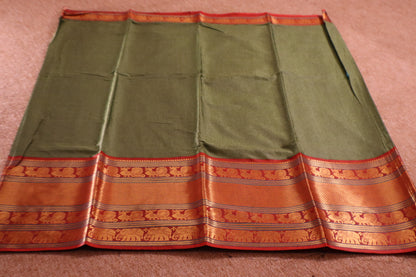 Narayanpet - Olive Green with Red Long Border Saree - NPEQ005