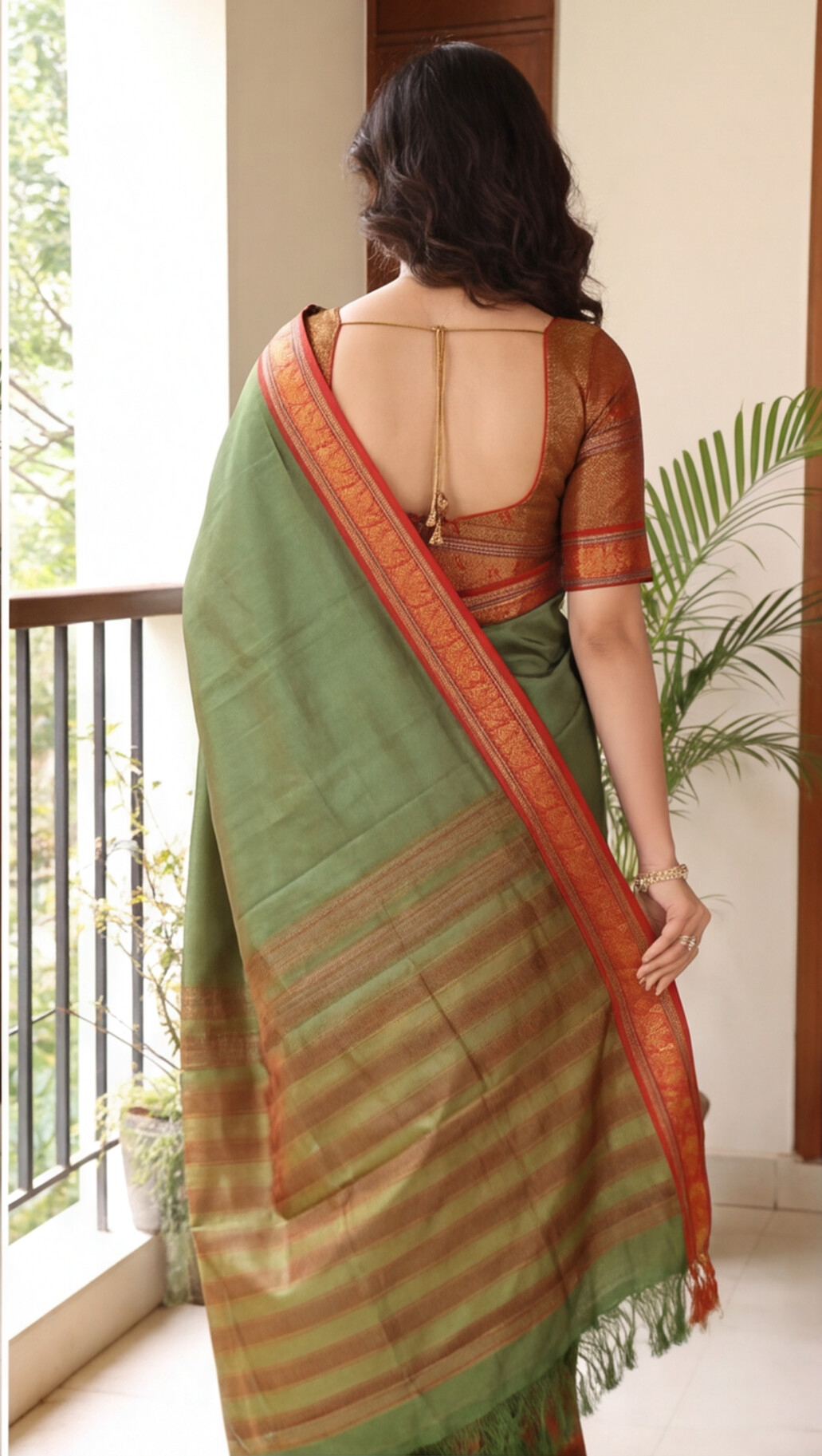 Narayanpet - Olive Green with Red Long Border Saree - NPEQ005