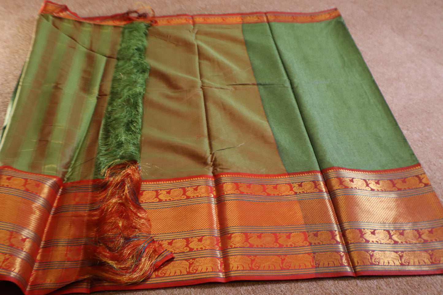 Narayanpet - Olive Green with Red Long Border Saree - NPEQ005
