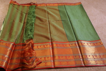Narayanpet - Olive Green with Red Long Border Saree - NPEQ005