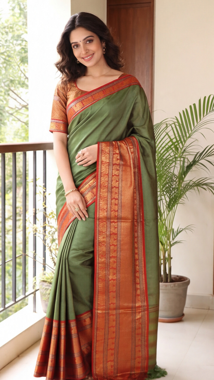 Narayanpet - Olive Green with Red Long Border Saree - NPEQ005
