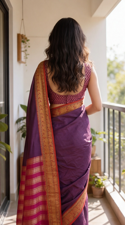 Narayanpet - Purple with Red Long Border Saree - NPEQ002
