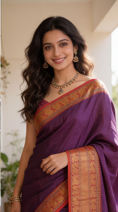 Narayanpet - Purple with Red Long Border Saree - NPEQ002