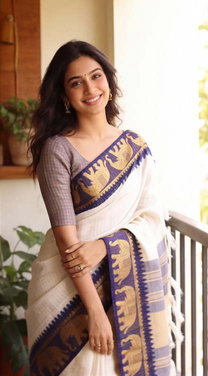 Silk Checked Saree - White with Blue