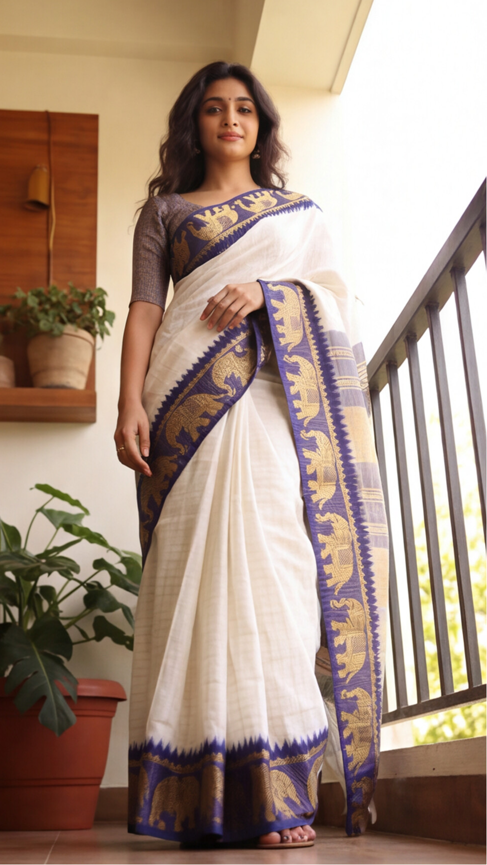 Silk Checked Saree - White with Blue