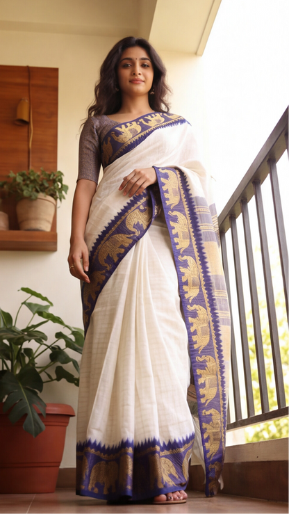 Silk Checked Saree - White with Blue