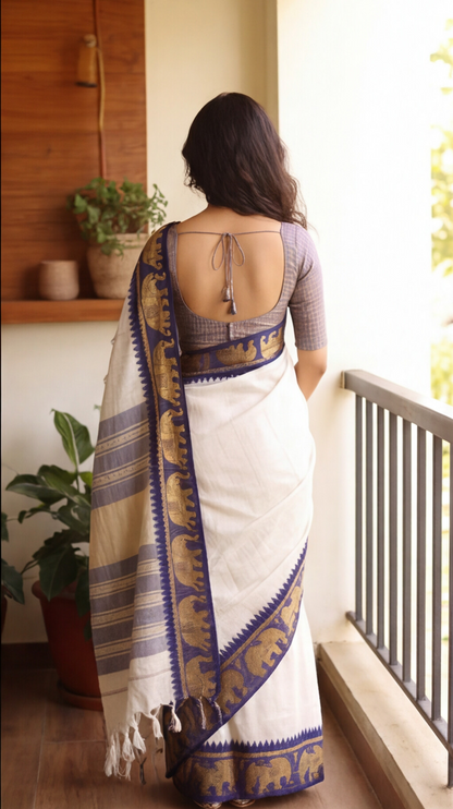 Silk Checked Saree - White with Blue