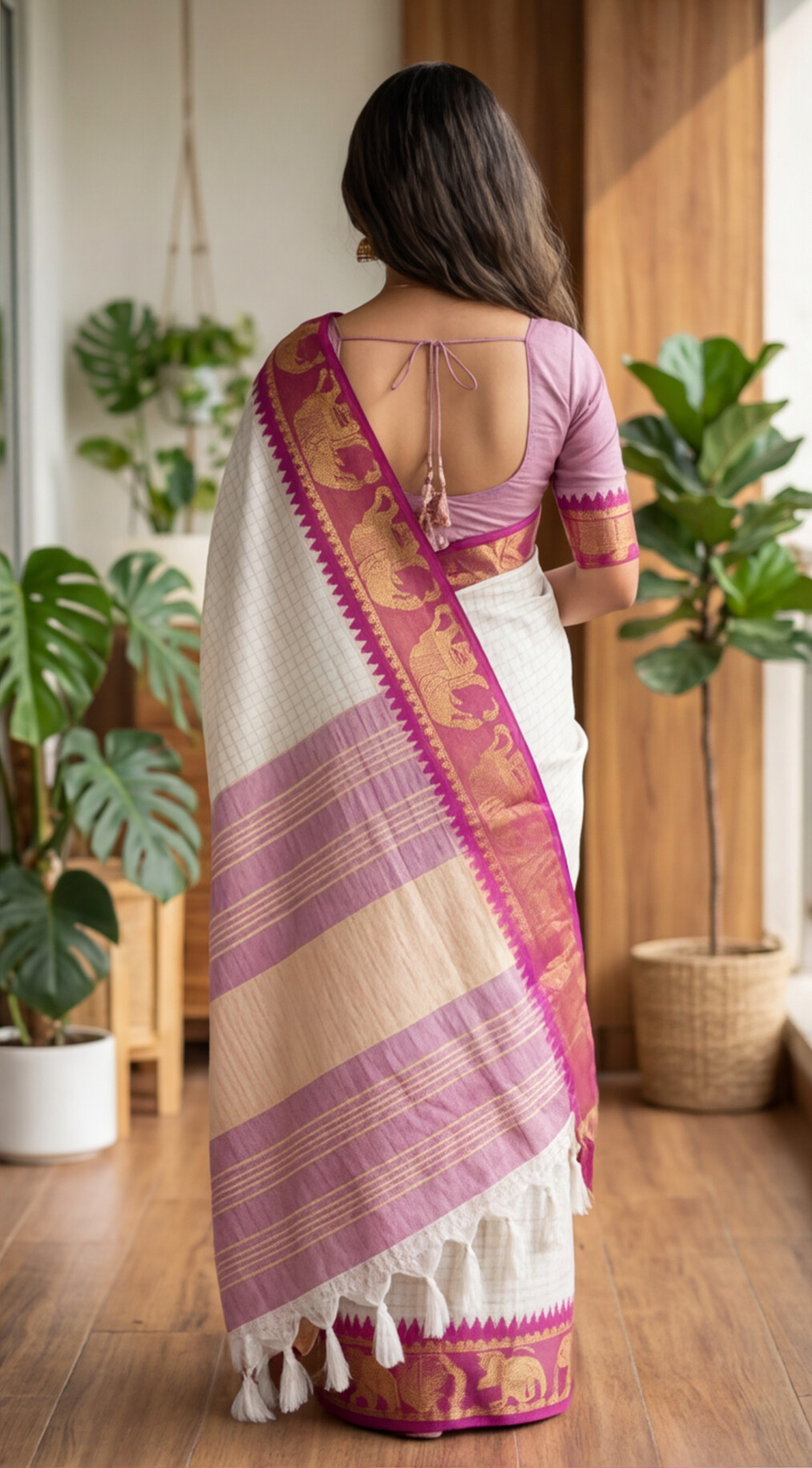 Silk Checked Saree - White with Magenta