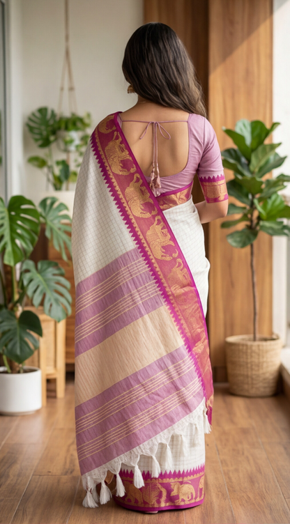 Silk Checked Saree - White with Magenta