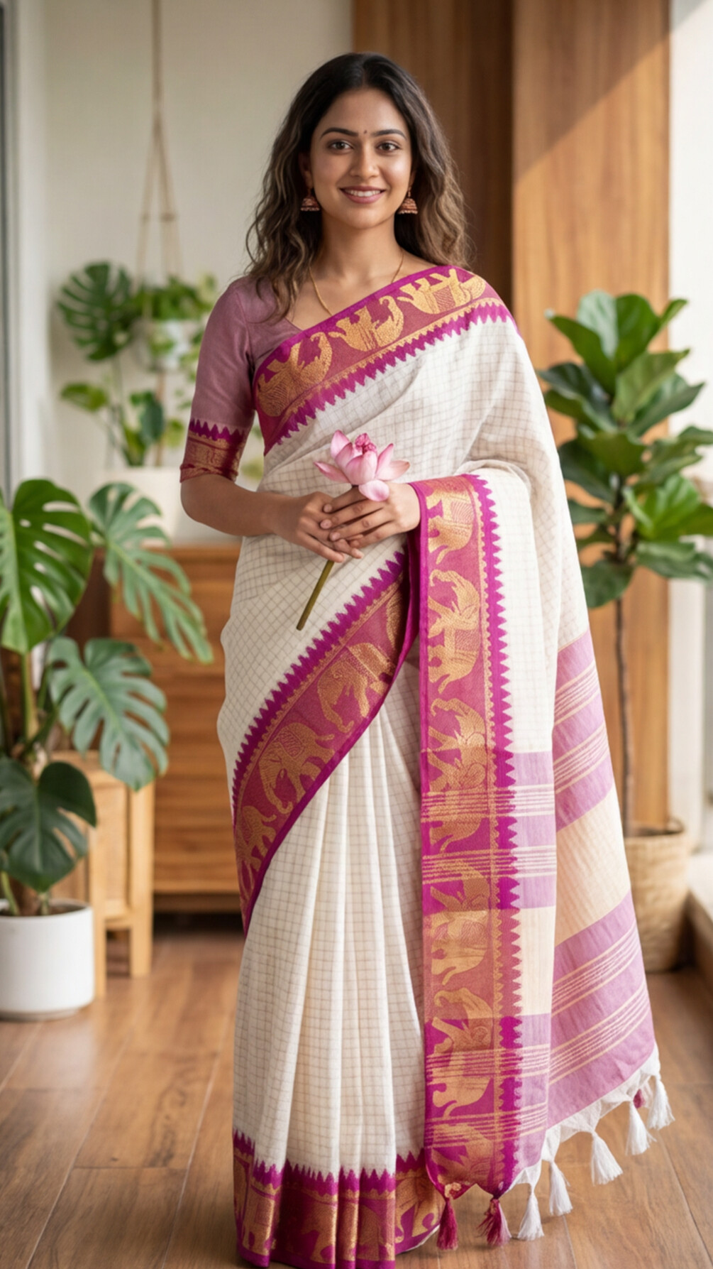 Silk Checked Saree - White with Magenta