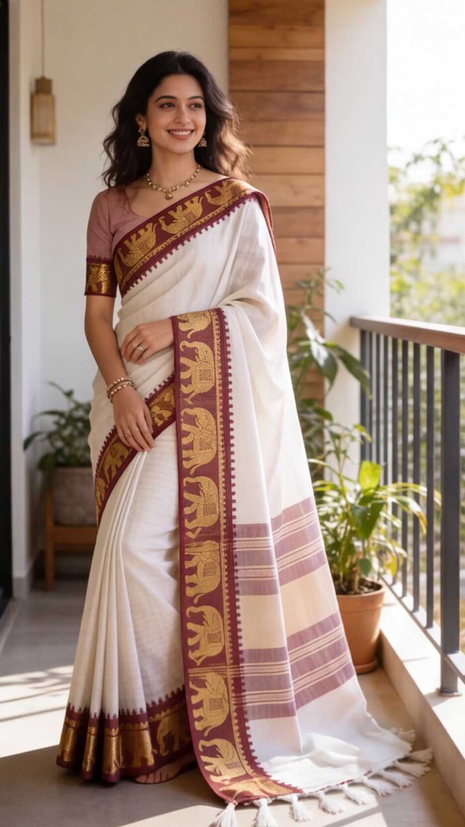 Silk Checked Saree - White with Maroon