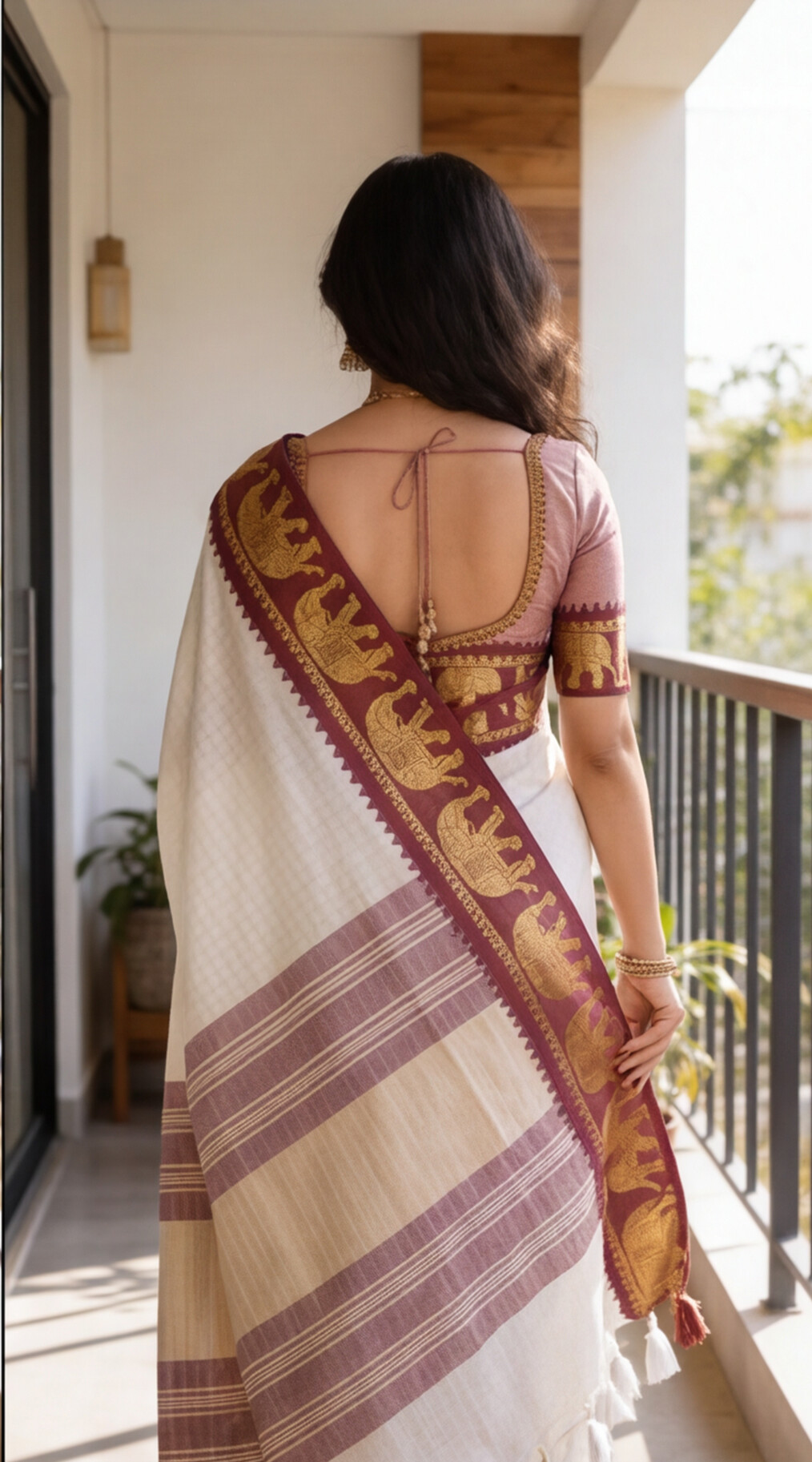 Silk Checked Saree - White with Maroon