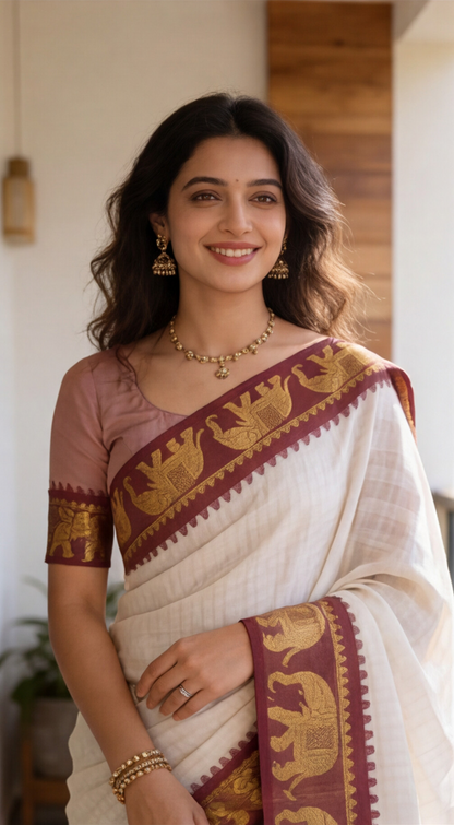 Silk Checked Saree - White with Maroon