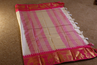 Silk Checked Saree - White with Pink