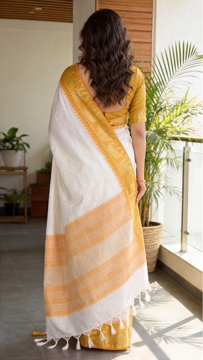 Silk Checked Saree - White with Yellow
