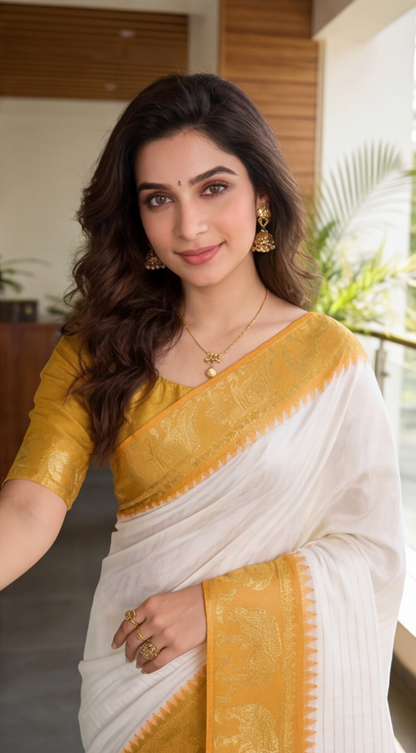 Silk Checked Saree - White with Yellow