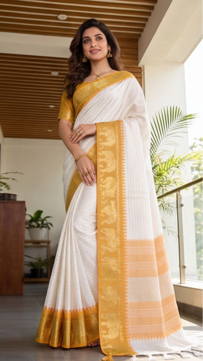 Silk Checked Saree - White with Yellow