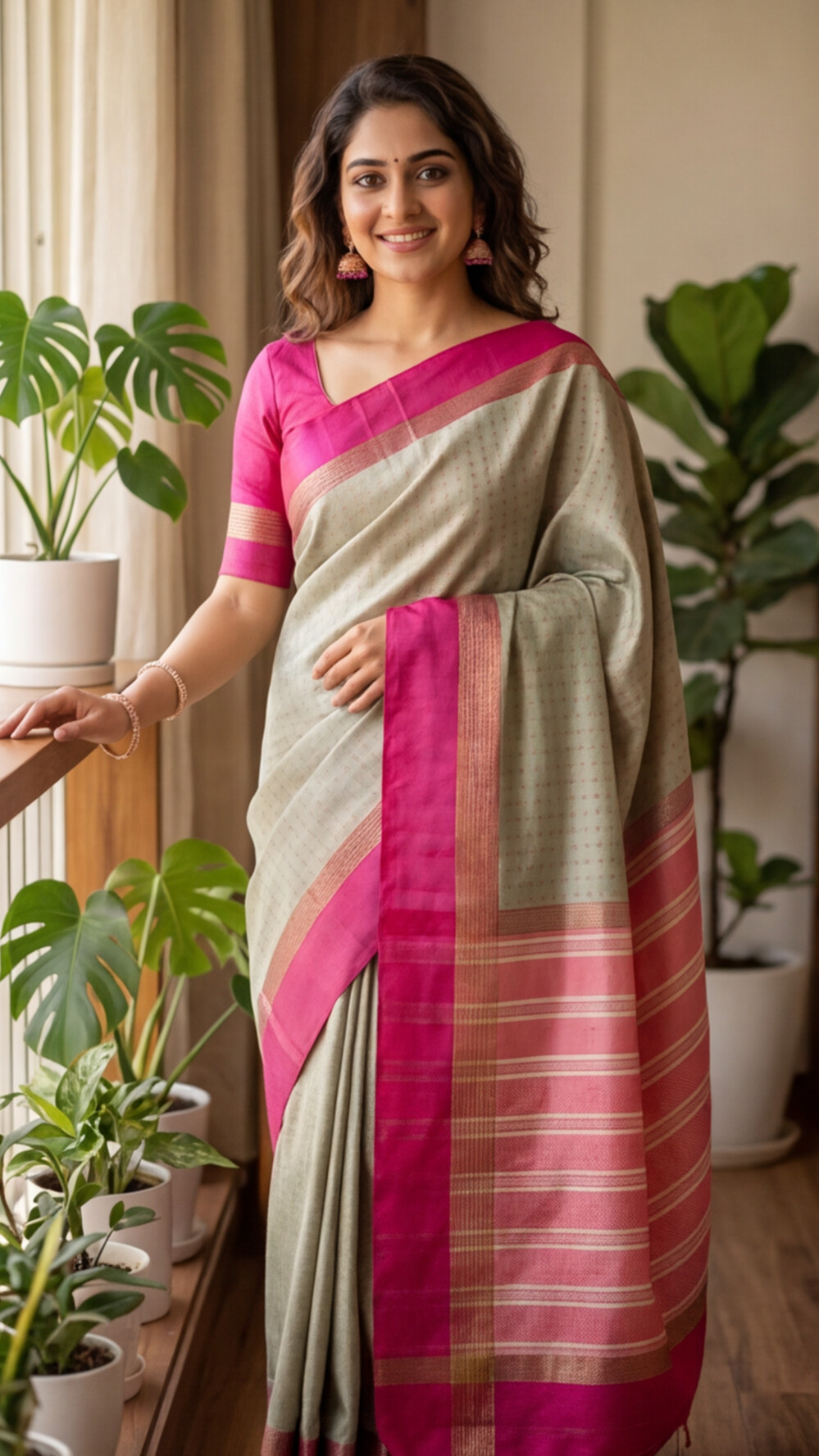 Soft Silk Saree - Apple Green with Pink