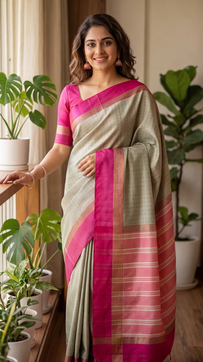 Soft Silk Saree - Apple Green with Pink