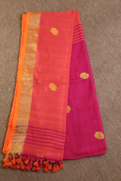 Khadi Balls Saree - Pink with Orange
