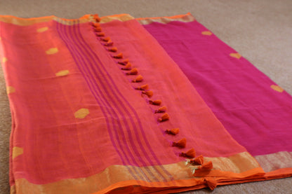 Khadi Balls Saree - Pink with Orange