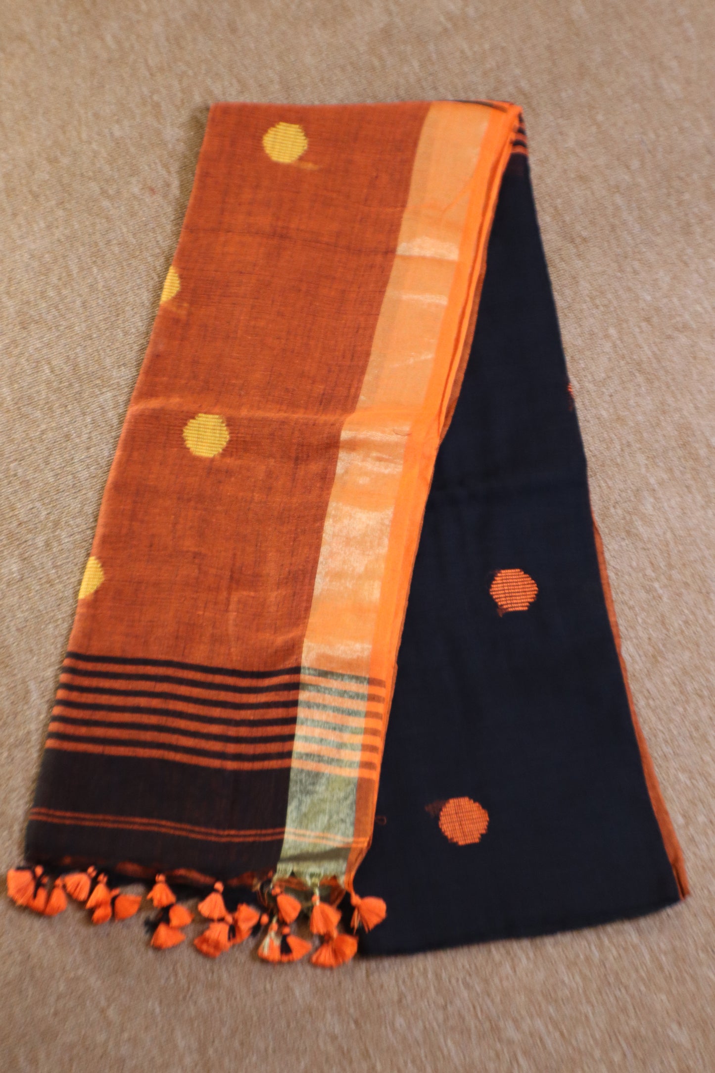 Khadi Balls Saree - Black with Orange