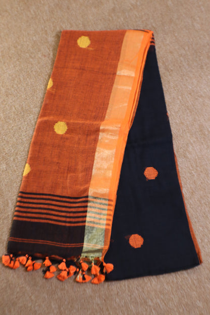 Khadi Balls Saree - Black with Orange