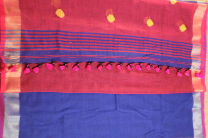 Khadi Balls Saree - Blue with Pink