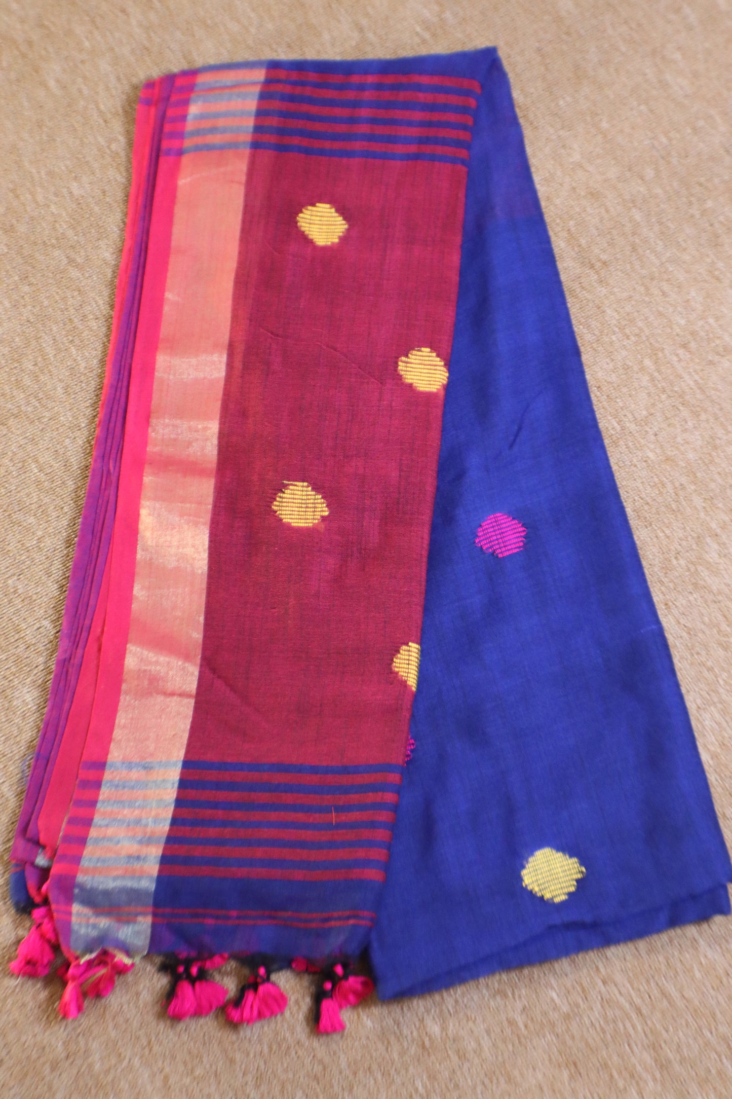 Khadi Balls Saree - Blue with Pink