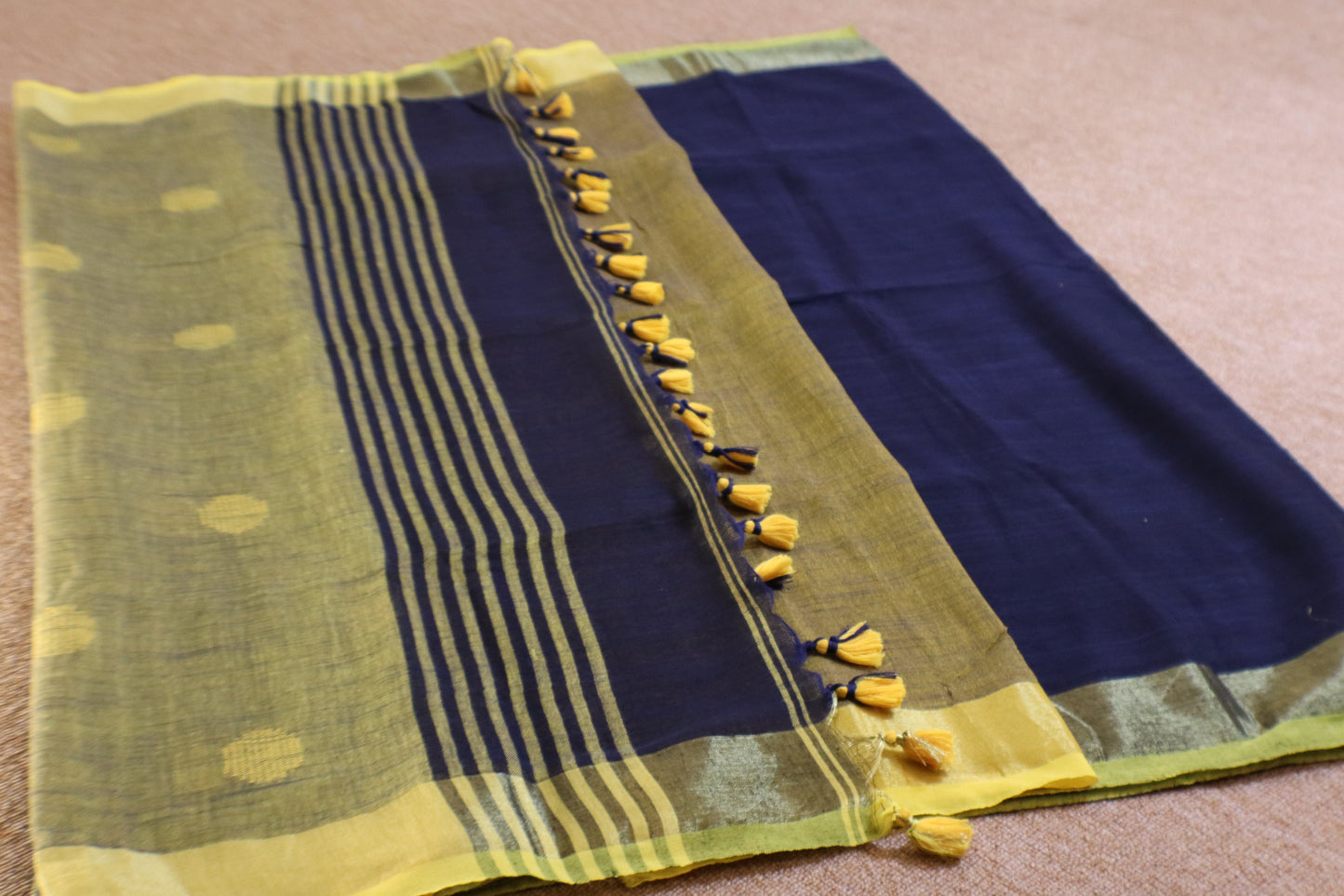 Khadi Balls Saree - Dark Blue with Green