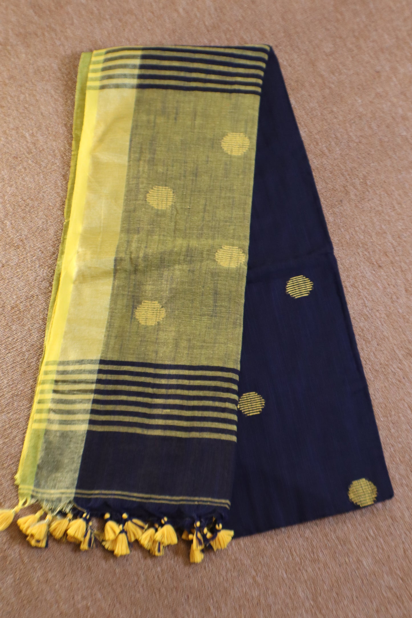 Khadi Balls Saree - Dark Blue with Green