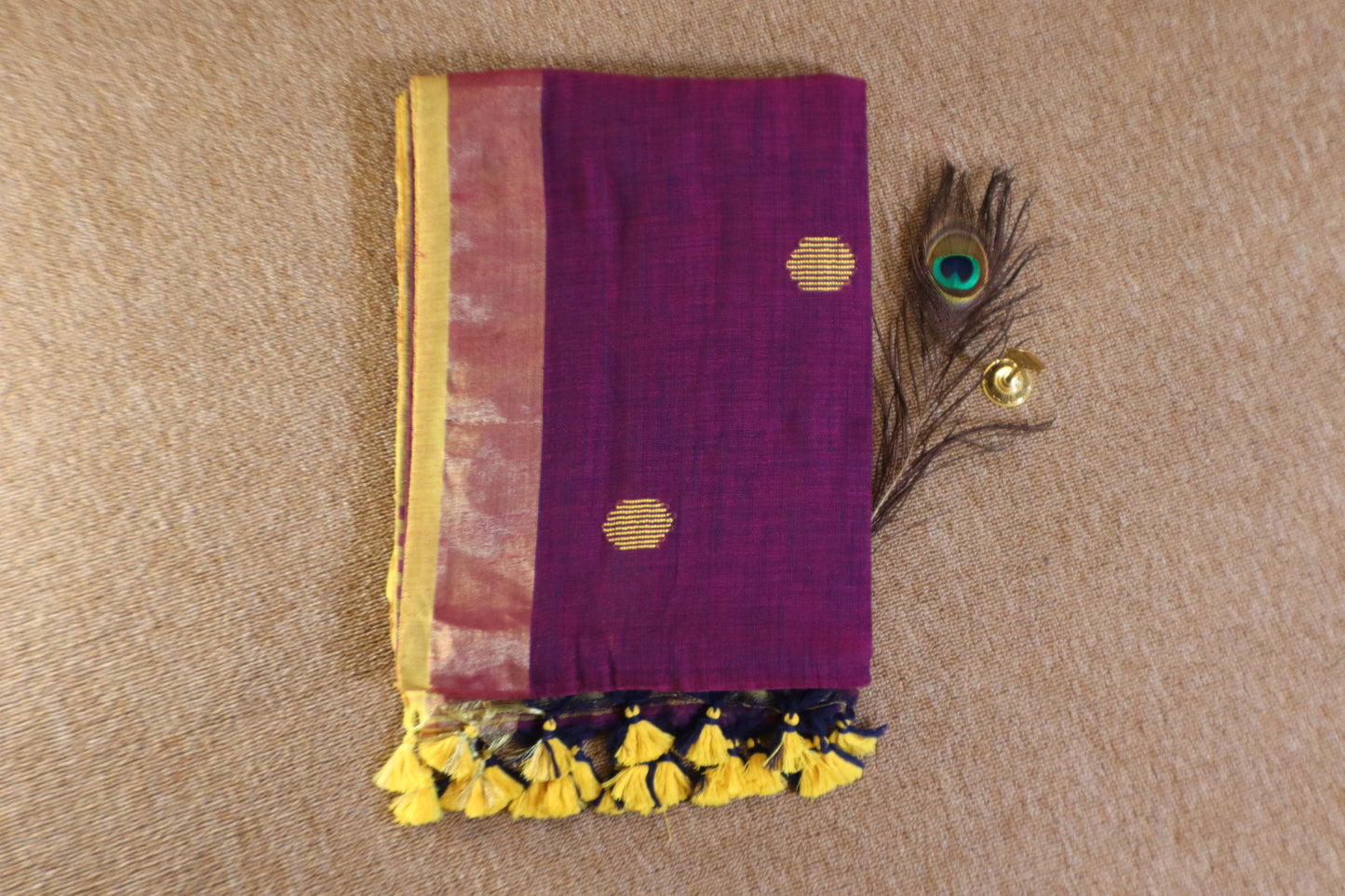 Khadi Balls Saree - Purple with Yellow