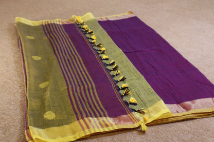 Khadi Balls Saree - Purple with Yellow