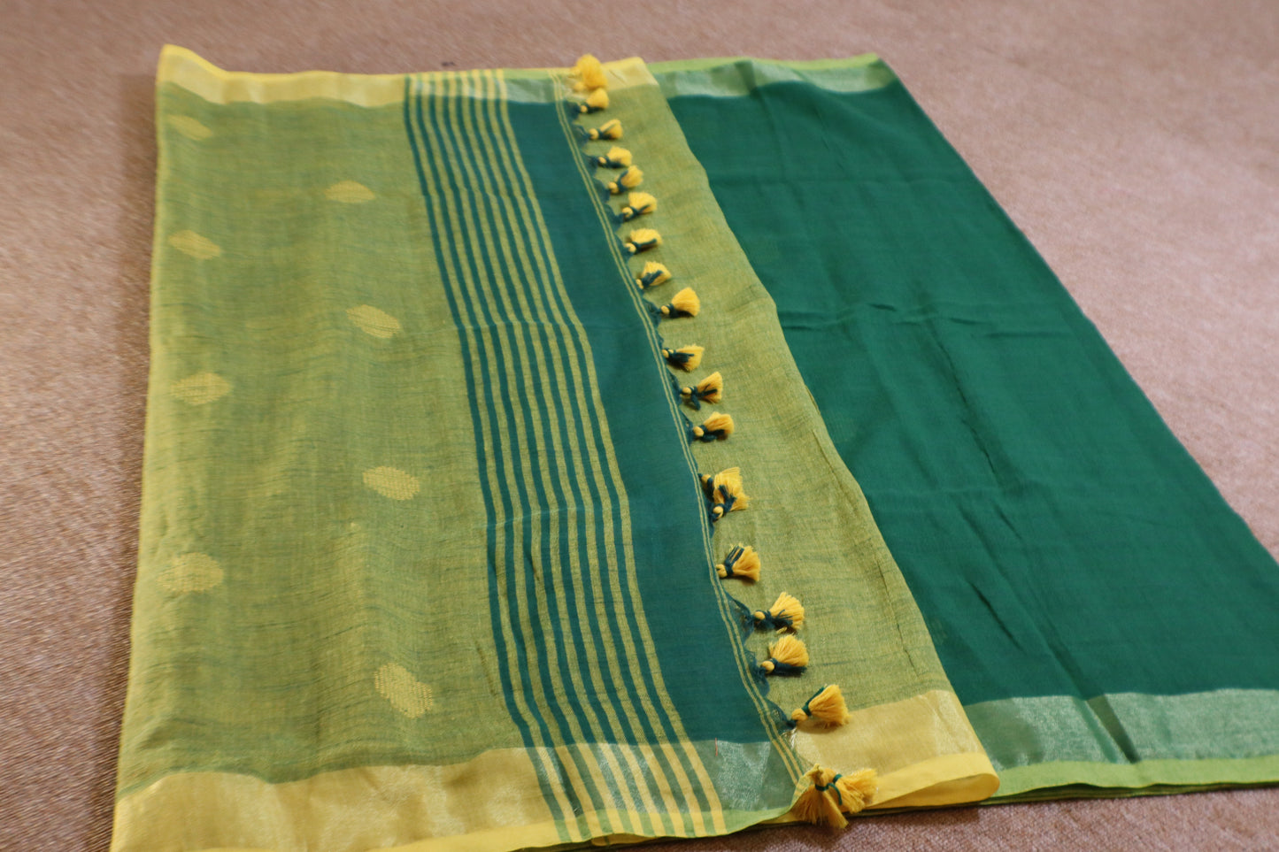Khadi Balls Saree - Green with Yellow