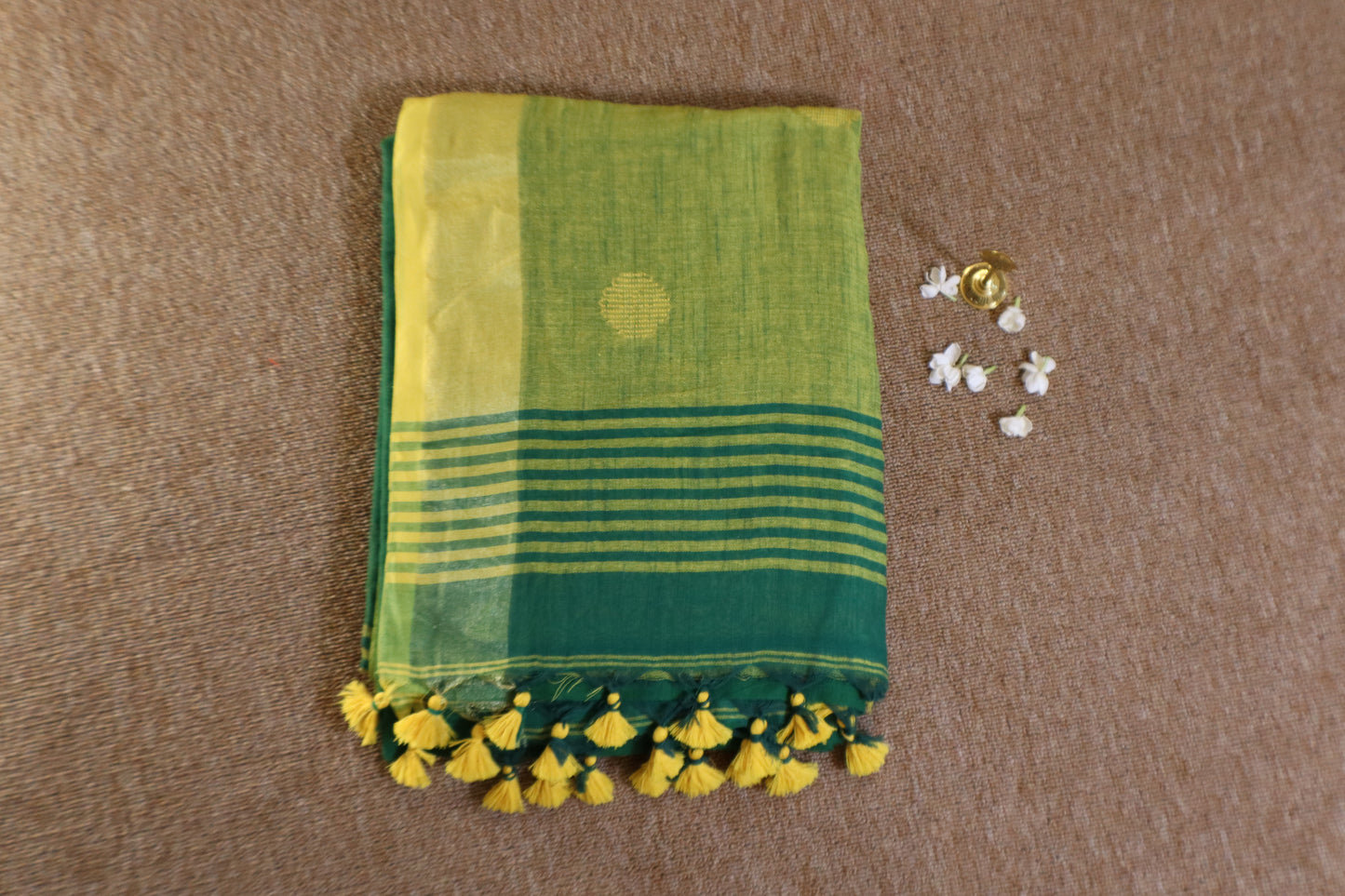 Khadi Balls Saree - Green with Yellow