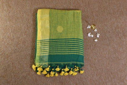 Khadi Balls Saree - Green with Yellow