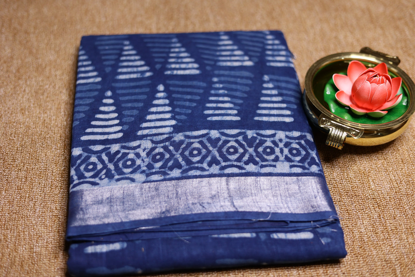 Linen Cotton Saree - Indigo Triangle Stripes - LCEQ011