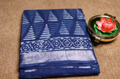 Linen Cotton Saree - Indigo Triangle Stripes - LCEQ011