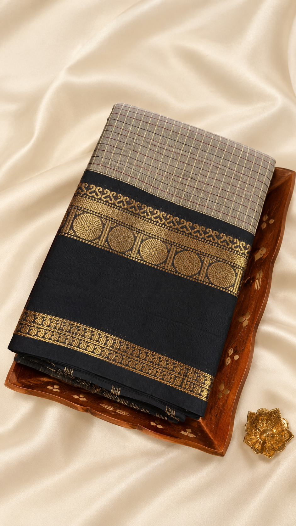 Traditional Kanchi Cotton -  Grey & Maroon Checkered Body with Red & Jet Black & Gold Zari - TKCEQ058
