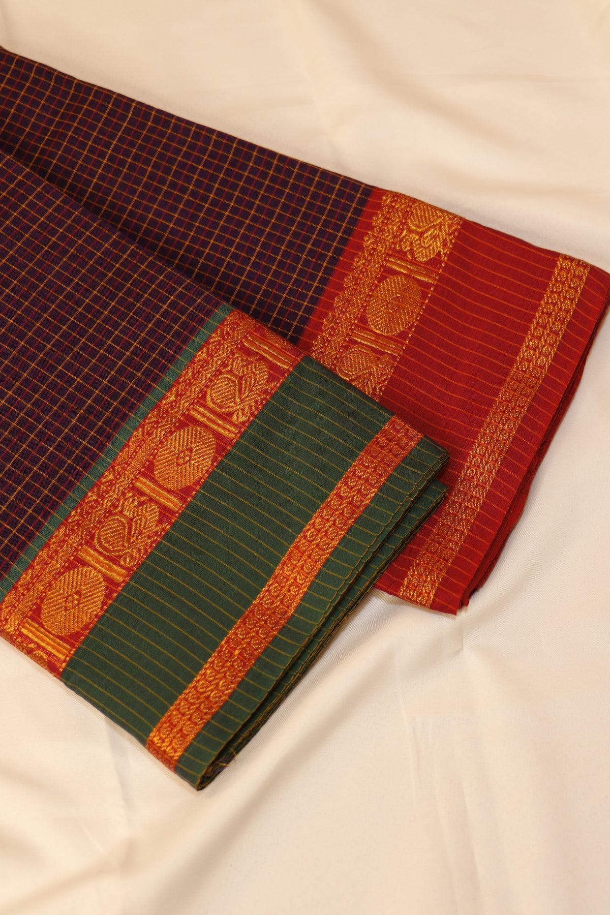 Narayanpet Saree - Deep Indigo Blue with Bottle Green & Crimson Red - NPEQ023