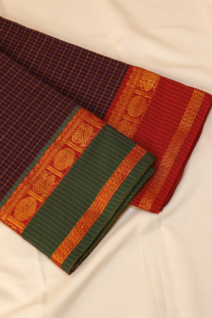 Narayanpet Saree - Deep Indigo Blue with Bottle Green & Crimson Red - NPEQ023