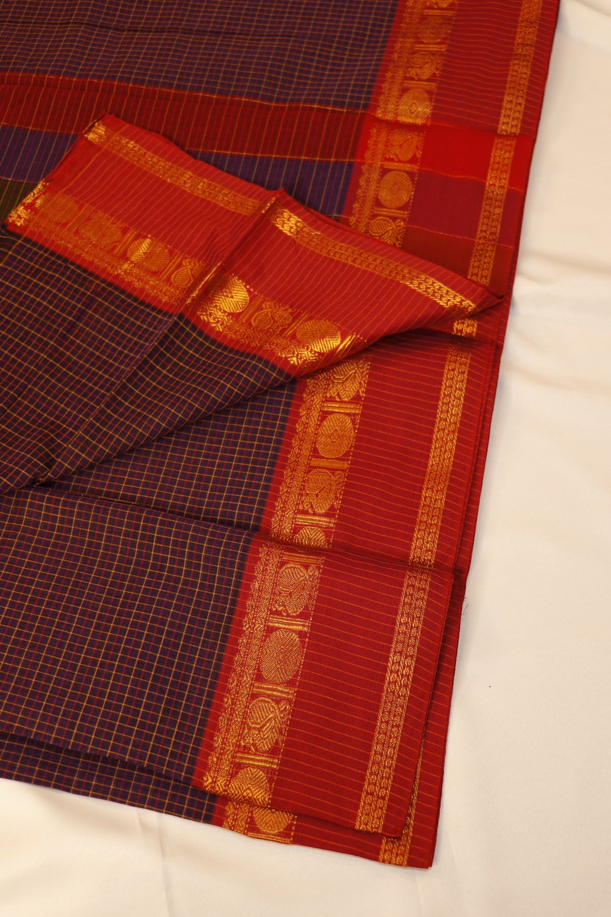 Narayanpet Saree - Deep Indigo Blue with Bottle Green & Crimson Red - NPEQ023