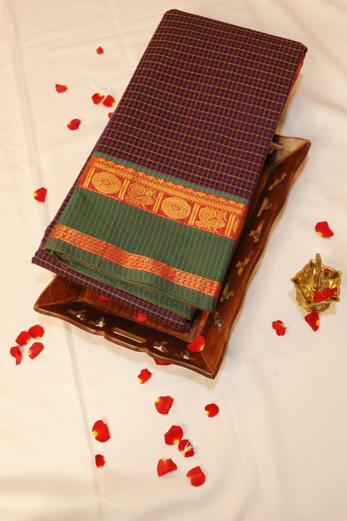 Narayanpet Saree - Deep Indigo Blue with Bottle Green & Crimson Red - NPEQ023
