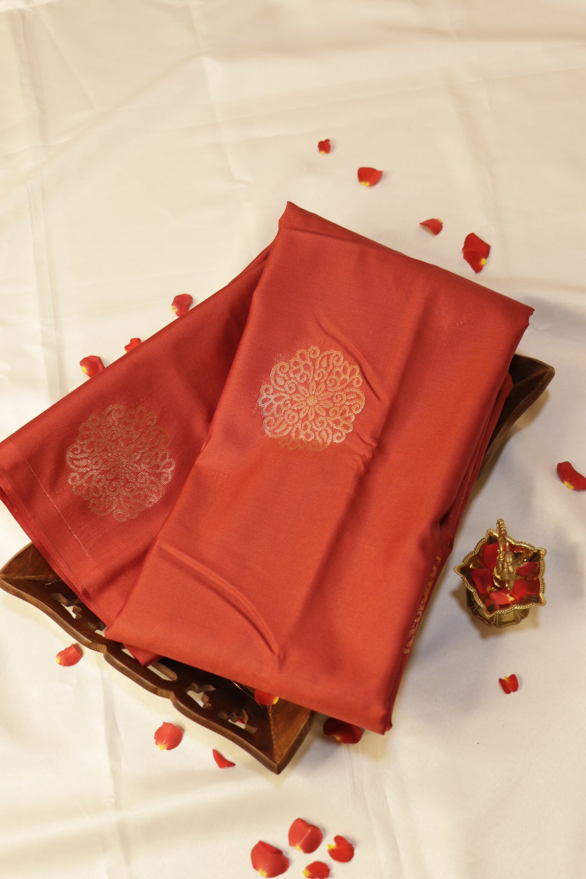 Soft Luxury Silk - Warm Rust Red with Antique Gold Zari - SLSEQ003