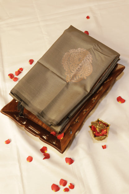 Soft Luxury Silk - Slate Metallic Olive with Antique Copper-Gold Zari - SLSEQ001