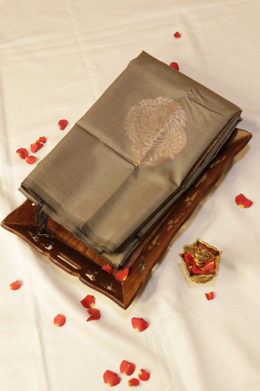 Soft Luxury Silk - Slate Metallic Olive with Antique Copper-Gold Zari - SLSEQ001
